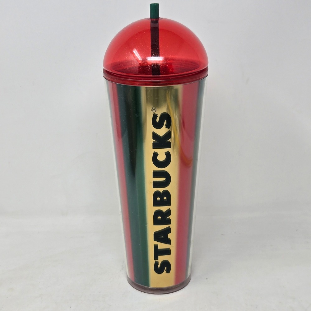 Starbucks 24oz Venti Tumbler Red Green Gold Stripe Dome Lid Holiday 011159239
